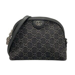 Auth GUCCI GG Marmont/GG 499621 Black Gray Denim Leather Shoulder Bag